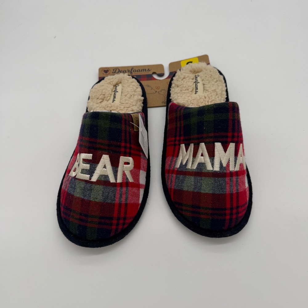 Dearfoams Mama Bear Navy Plaid Memory Foam Slippers Womens Small 5-6 New